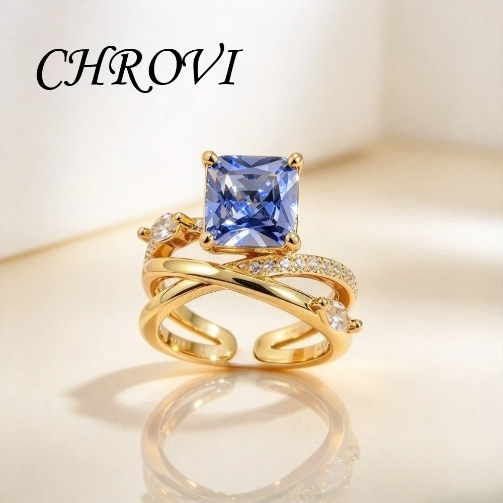 Luxury-Style 925 Sterling Silver Star-Track Interwoven High-End Princess Square Tanzanite Blue Open-Back Ring, Women's Size
