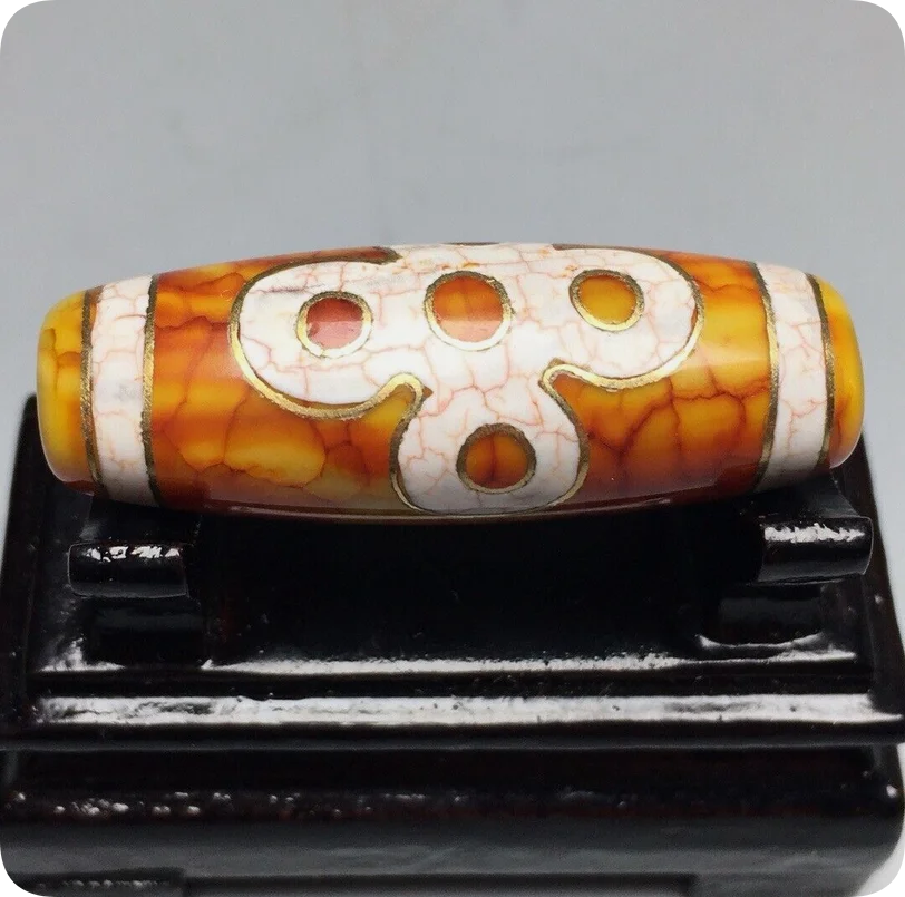 Tibetan Old Oily Agate Dzi Inlay *5 Eyes Lightning* Bead Pendant 38.4mm S1104