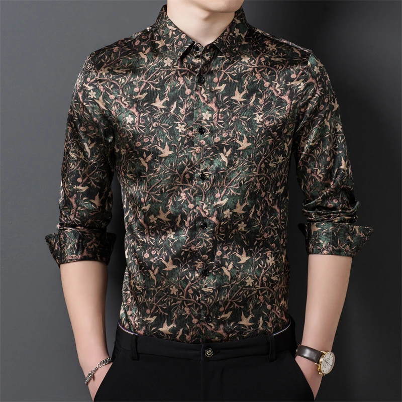 

Chinese Style Real Silk Men Shirt Long Sleeve 3D Print Easy Care Spring Quality Smooth And Silky Luxury Casual Camisas De Hombre