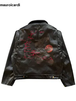 Mauroicardi Spring Autumn Short Black Printed Embroidered Pu Leather Jacket Men with Detachable Red Ribbon Zipper Cool Clothes 5 Mauroicardi Spring Autumn Short Black Printed Embroidered Pu Leather Jacket Men with Detachable Red Ribbon Zipper Cool Clothes 5