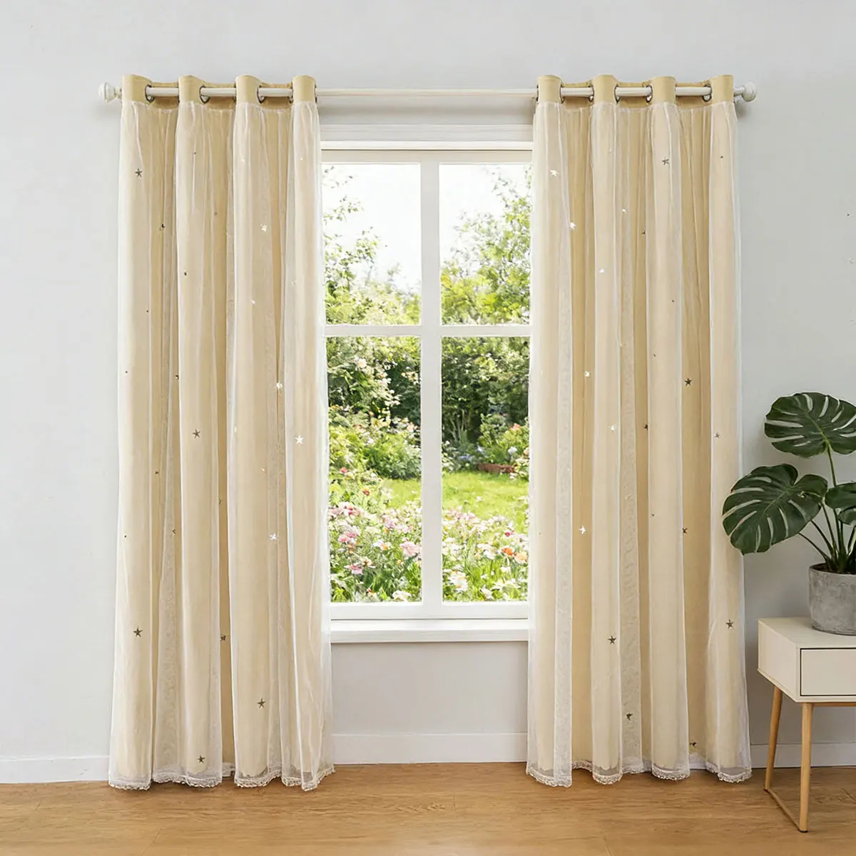 Beige Star Double Layer Grommet Curtain, Hollow Blackout Sheer Drape for Universal Cream Bedroom Balcony Decor
