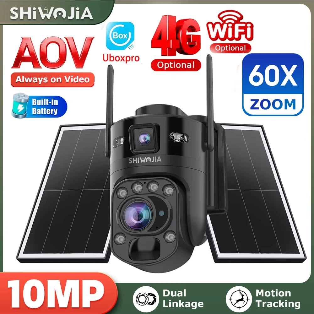 SHIWOJIA 60X ZOOM Solar Camera 4G 10MP AOV 24/7 Video Recording Dual Lens 360° 14W Solar Panel Security WIFI Camera PIR Monitor