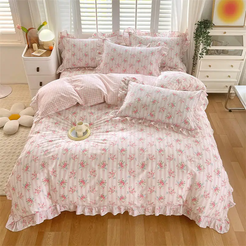 Bonenjoy-Capa de edredão cor rosa com babados, 100% algodão, estampada em flores, capa de cama para meninas, pura, cama, rei