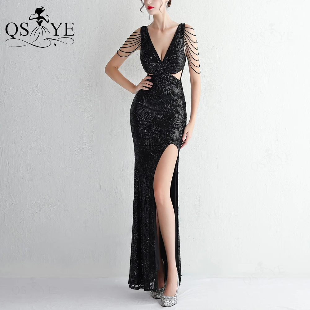 

Black V Neck Evening Dresses Beading Straps Hollow out Waist Prom Gown Sexy Split Open Back Crystals Pattern Sequin Party Dress