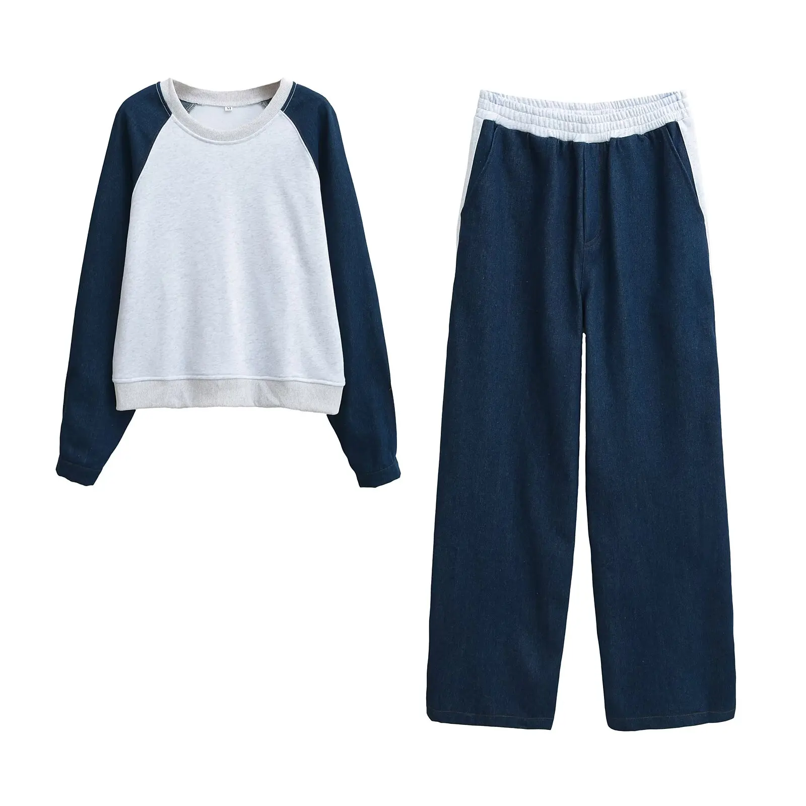 TRAFZA 2025 sudaderas con capucha informales para mujer, sudadera + pantalones largos de dormir con cintura elástica, conjunto de 2 piezas, pantalones vaqueros de retales azul marino para otoño