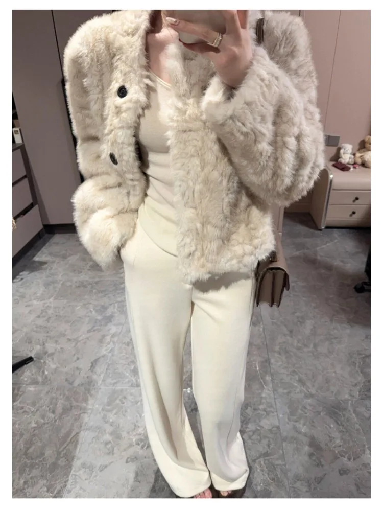 Winter Nieuwe vrouwen Korte Losse Faux Lamsbont Jas Single-breasted Pluche Jas Lange Mouw Kantoor Dame Pluizige tops Harige Jassen