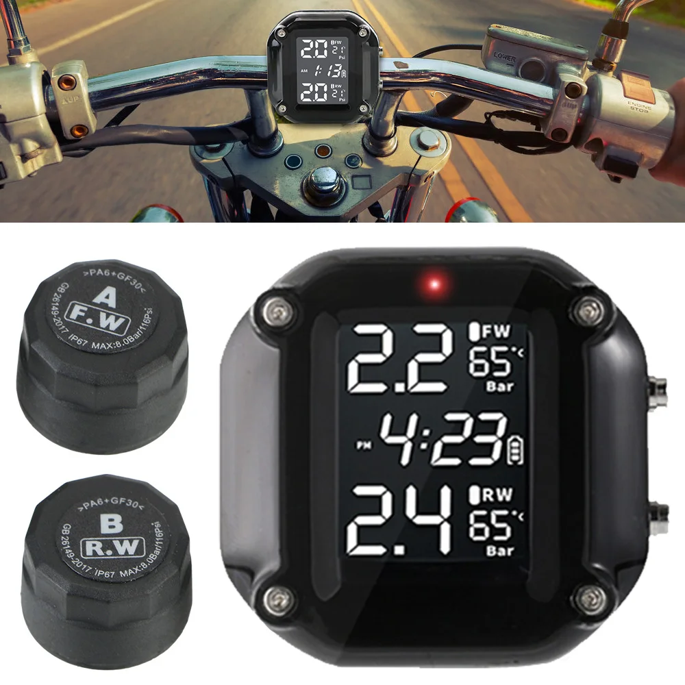 

Motorcycle TPMS Motor Tire Pressure Tyre Temperature Monitoring Alarm System With 2 External Sensors USB Charging