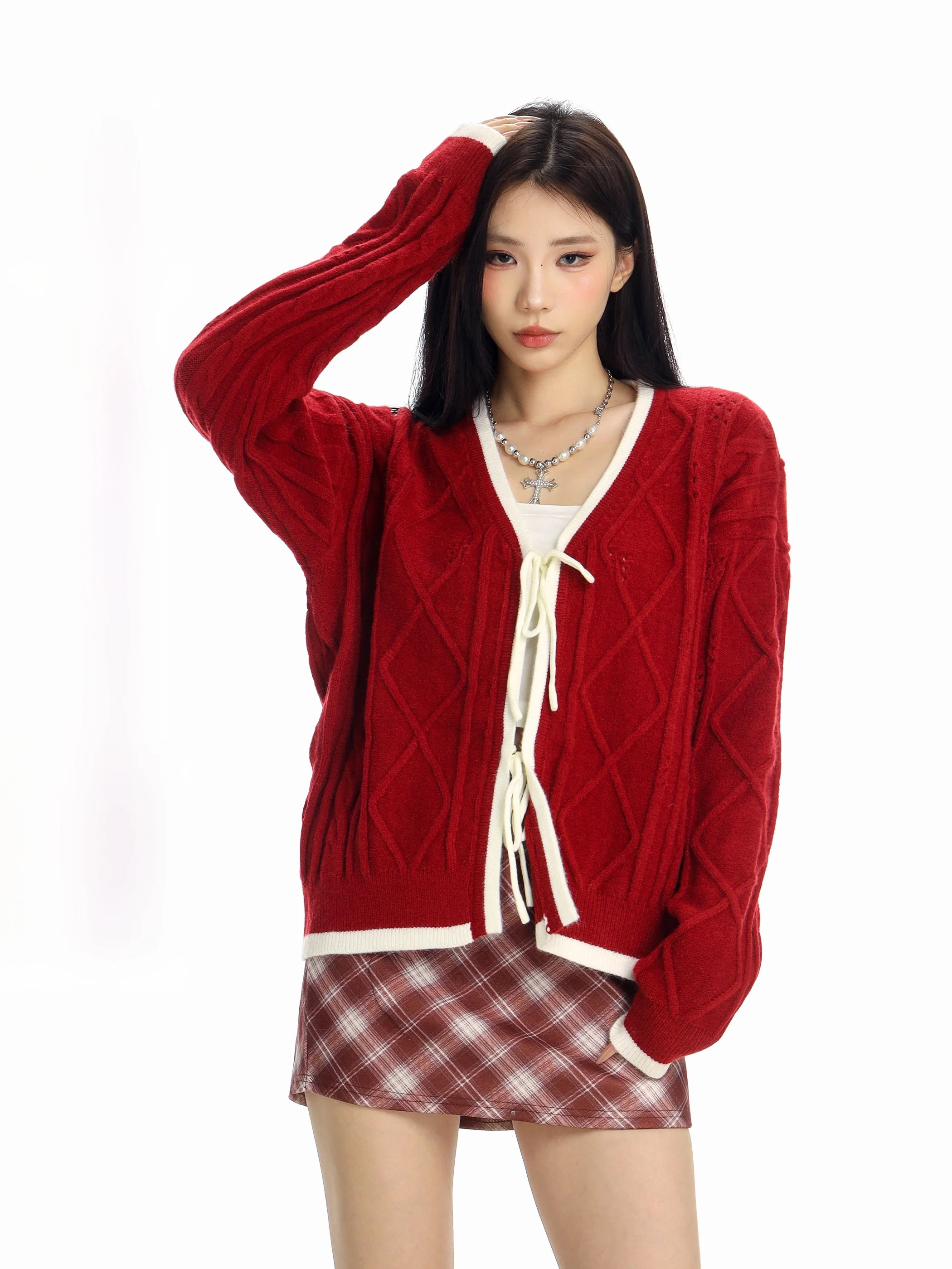 

Новогодний вязаный красный свитер женский, модель «Ленивый Шэньхун», с поясом, кардиган, винтажный, свободного кроя, из мягкой смесовой ткани (полиэстер)