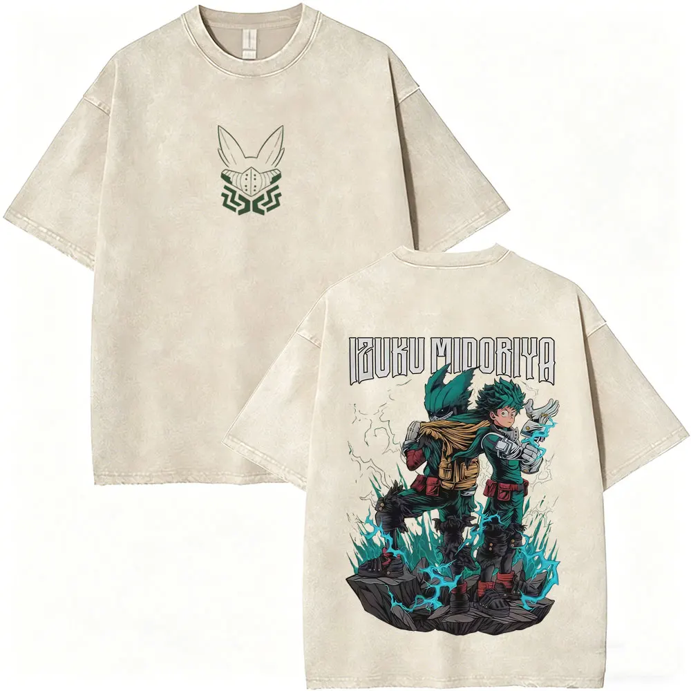Anime My Hero Academia Shoto Todoroki Vintage Washed T-shirt Men Women Casual Retro Oversized T Shirts Cartoon Harajuku T-shirts
