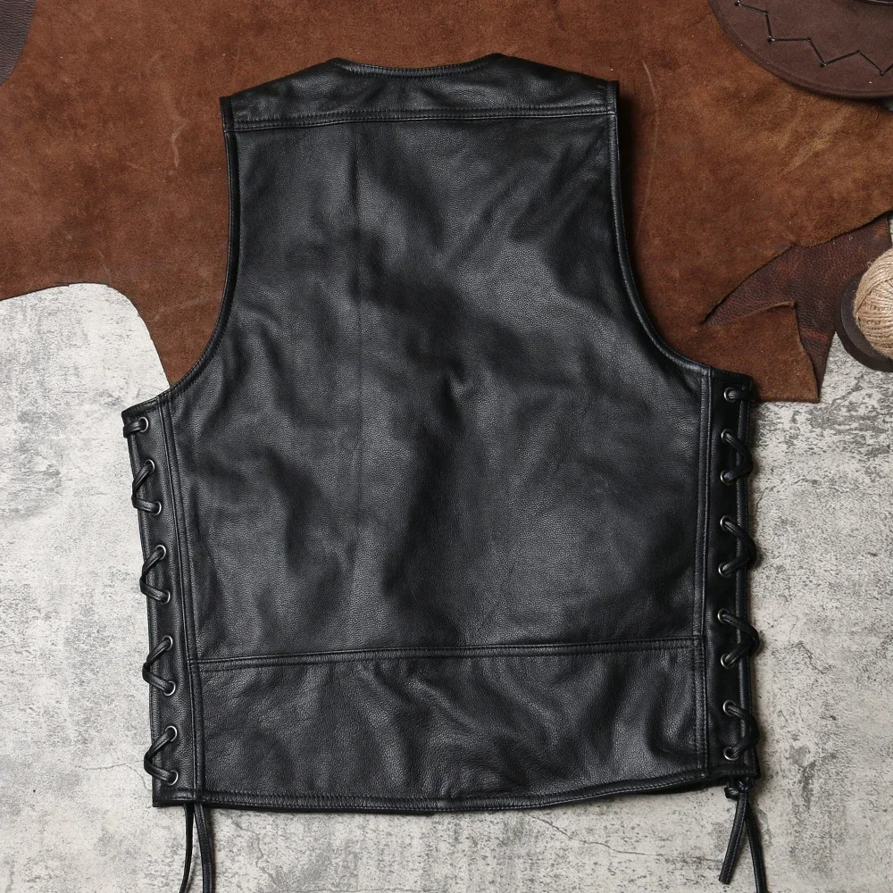 Blunt Razor Collarless Loose Motorcycle Leather Vest Men's Genuine Leather Club Team Uniform Vest with Cowhide Leather Top Layer