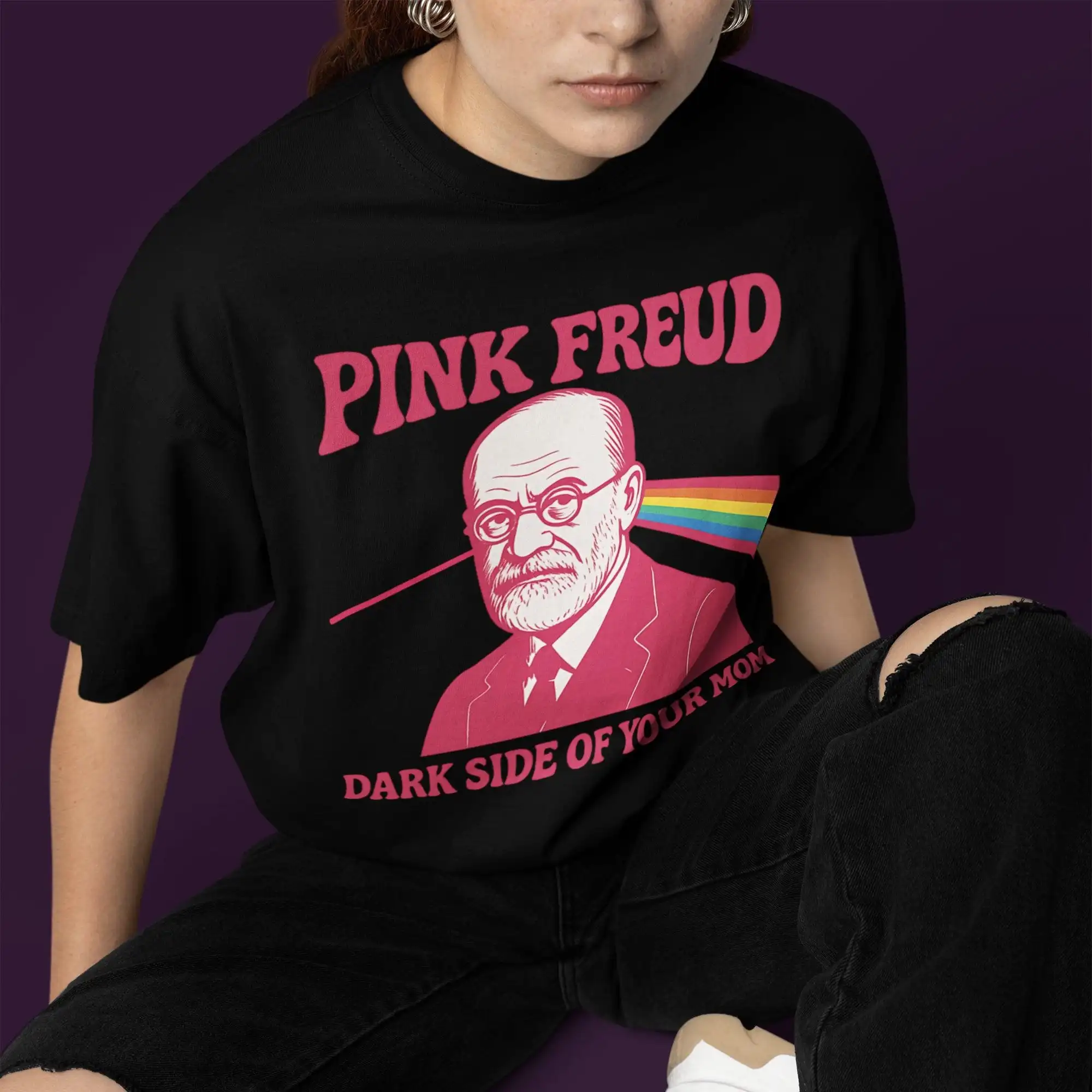 Pink Freud Dark Side of Your Mom T-Shirt Y2K Vintage Printed Cotton Short-sleeved Casual Fashion Loose Streetwear Unisex