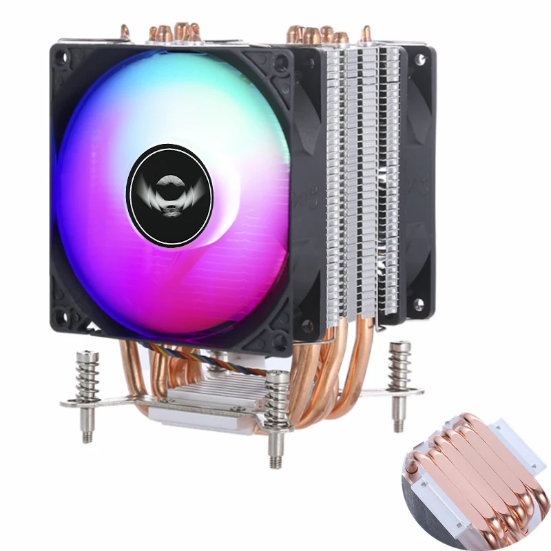 6 Heat Pipes Copper Tube CPU Cooler 3/4Pin PWM RGB PC Quiet lntel LGA 2011 9cm Cooling Fan Screw Fixation Server X79 X99 E3 E5