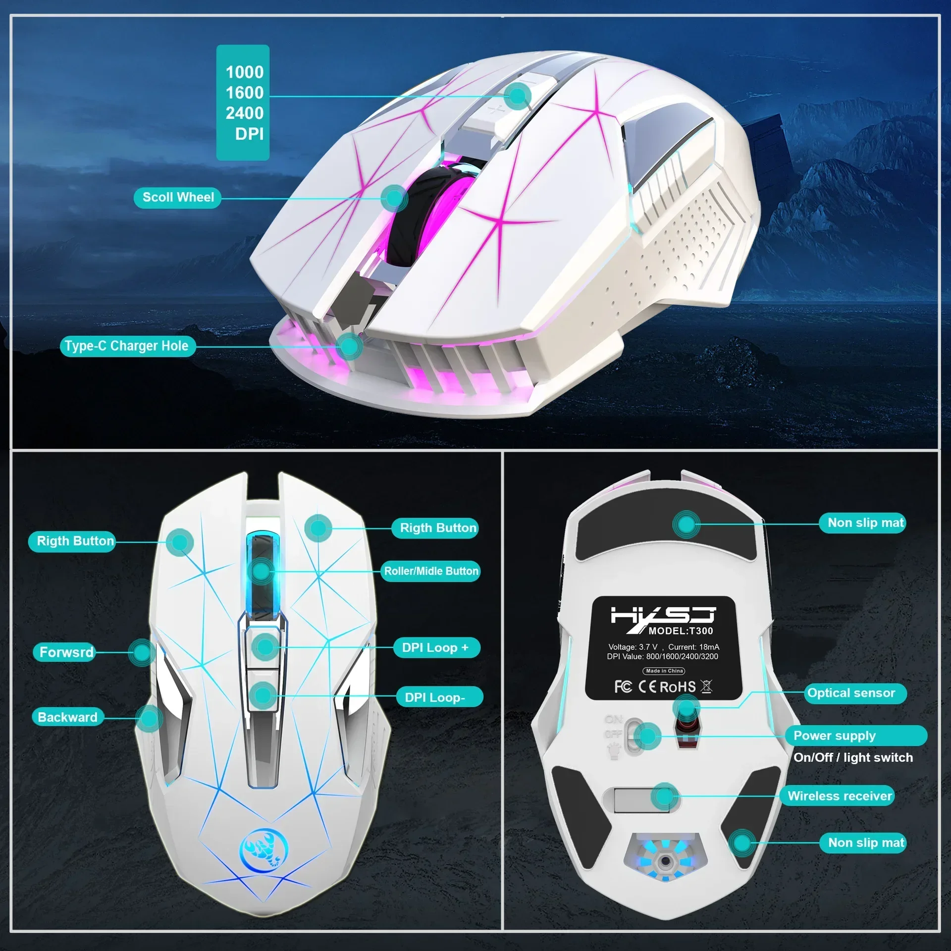 ZLRLMHY7-Souris optique de jeu sans fil, rétroéclairage T300, 2.4G, 600mAh, aste, couleur RVB