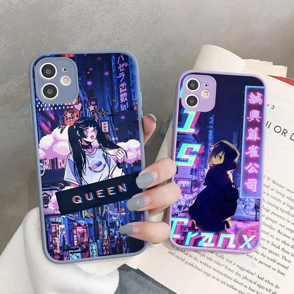 vaporwave glitch anime girl Phone Case for iPhone 14 11 12 13 Mini Pro Max 8 7 Plus X XR XS MAX Translucent Matte Cover