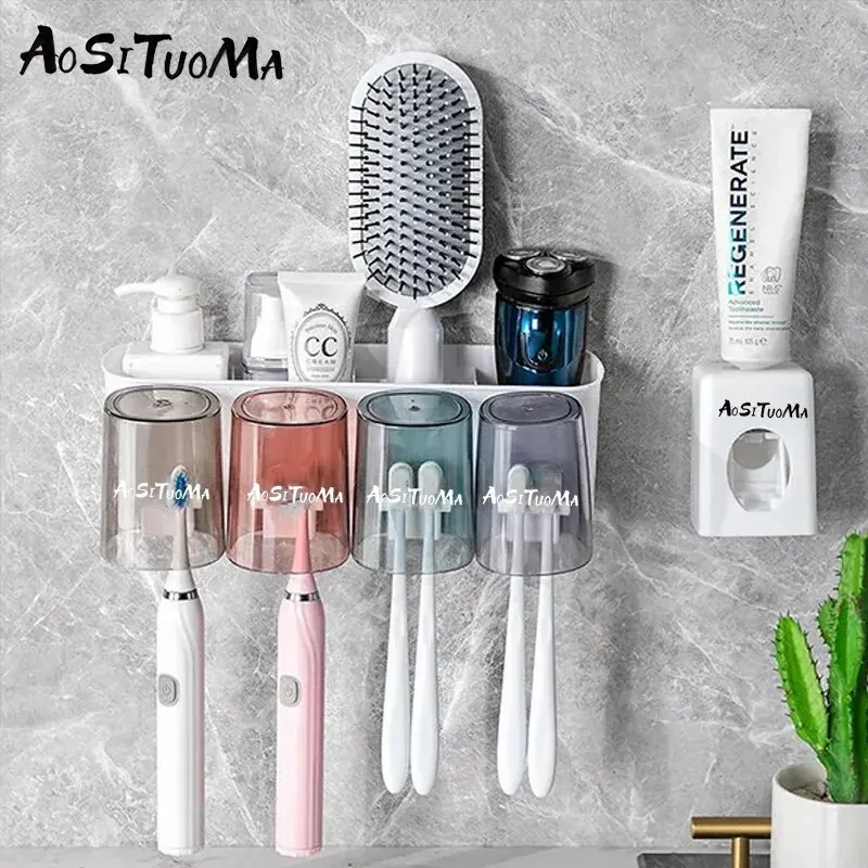 Wall Mounted Toothbrush Holder with Cup Automatic Toothpaste Squeezer Dispenser Suction Cup Bathroom Storage Rack Box for Family