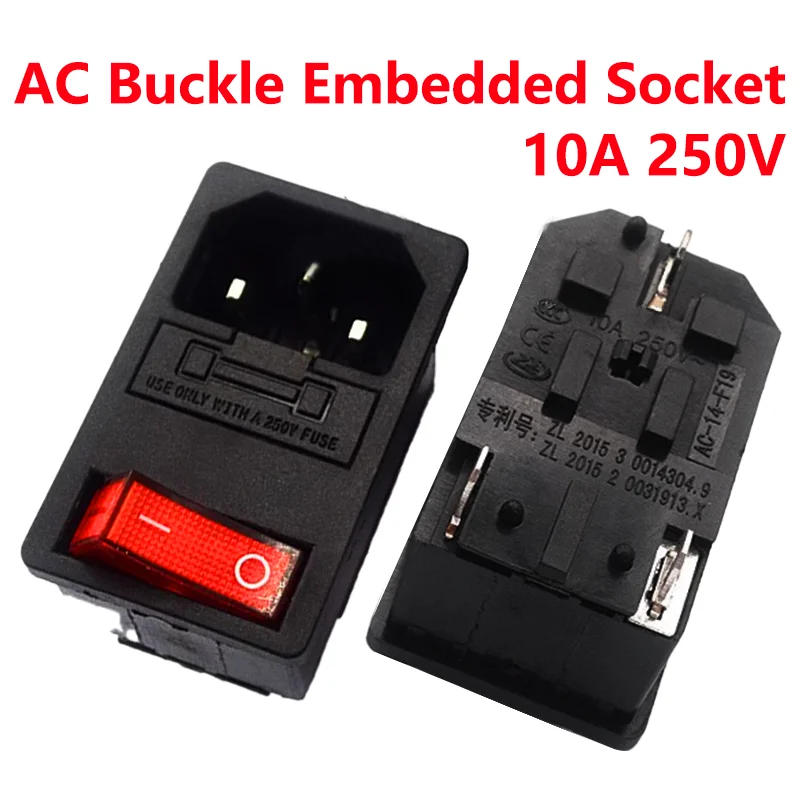 

5/20/100PCS 3 Pins lEC320 C14 Panel Mounted AC Inlet Module Power Socket Connector Plug 10A 250V Red LED KCD3 Rocker Switch