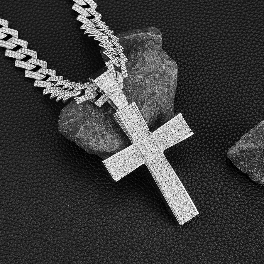 15mm Width Iced Out Cuban Chain With Hip Hop Alloy And Full Bling Rhinestone Cross Pendant Choker Necklace