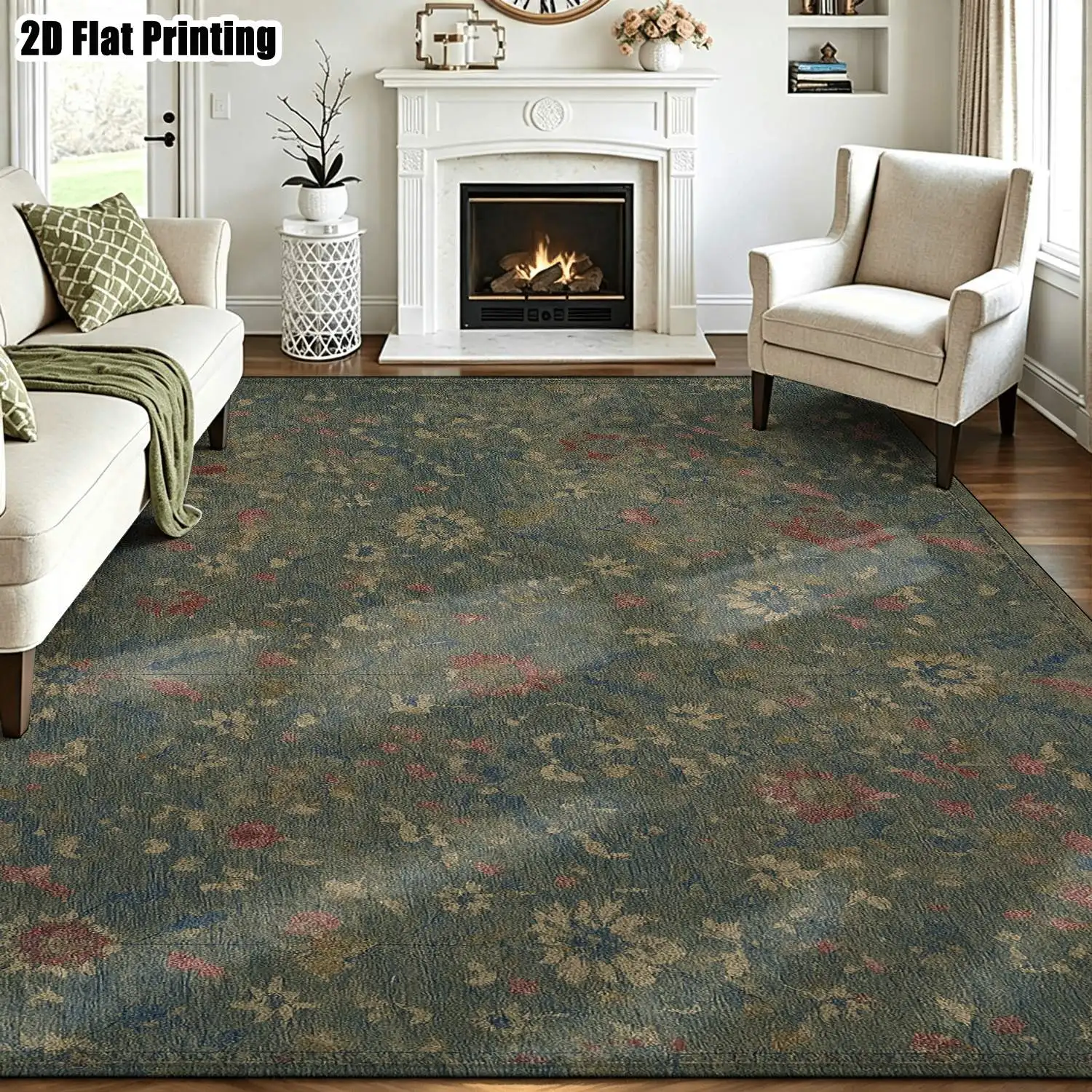 1Pc 2D Printed Carpet: Blue-Grey Base with Red Floral Patterns, European/Vintage/Bohemian Style, Home Decor, Multiple Sizes, Machine Washable, Suitable for Entrance, Dining, Bedroom, Study, Living Room, Etc
