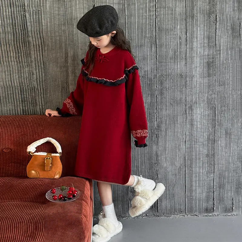 

Girls Red Dress 2025 New Girls Loose Thickened Knitted Dress Children's Trendy Princess Dress