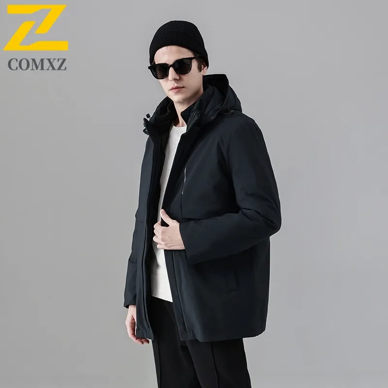 

COMXZ Men Down Jacket Trendy Hooded Business Casual Lightweight Parka Comfortable Daily Style Cold Protection Winter Coat