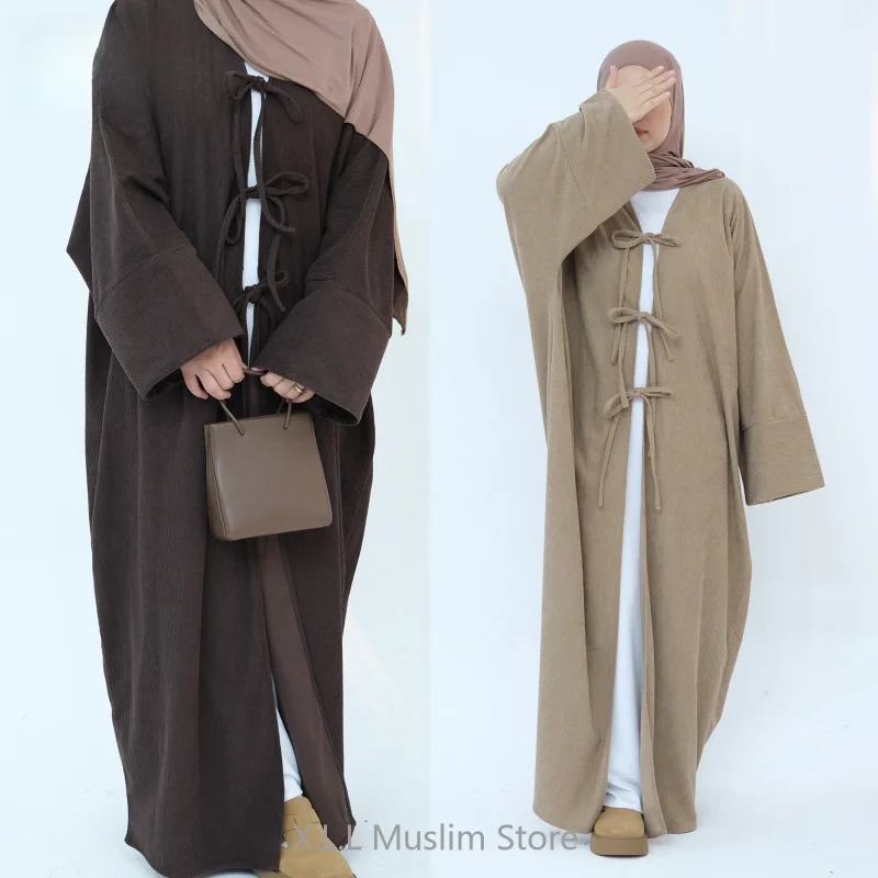 Muslim Women's Dress Abaya For Women Brown Beige Corduroy Abaya Luxury Dubai Turkey Dubai Party Lace up Cardigan Robe Clothing