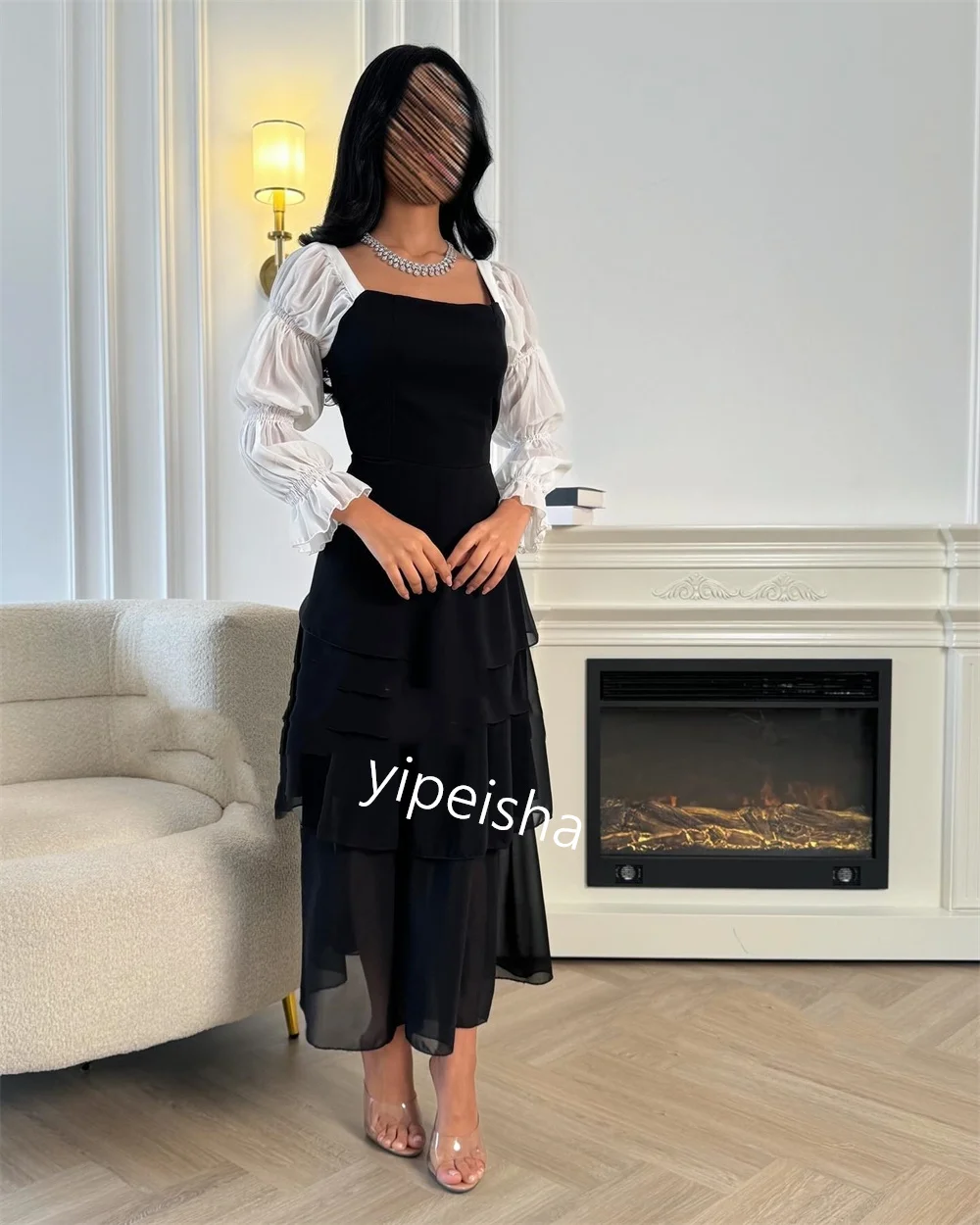 Evening Ball Sexy Casual Chiffon Tiered Engagement A-line Square Neck Bespoke Occasion Gown Midi es