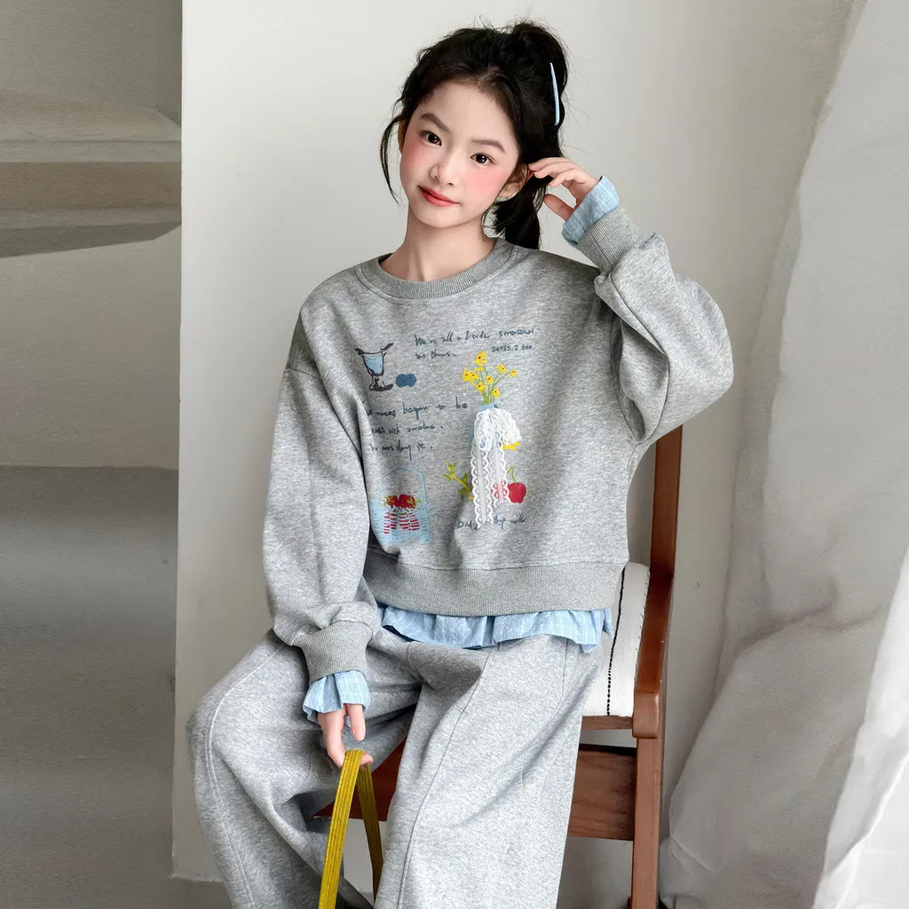 Children Clothes Suit Girls Autumn Gray Sweatshirt and Wide Leg Pants 2 Piece Set 2026