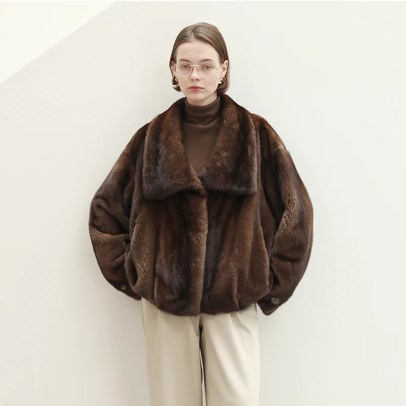 Ftangaiur New Winter Import Velvet Mink Fur Coat Big Turn-Down Collar Mink Coat Women Short Natural Color Real Mink Fur Coats
