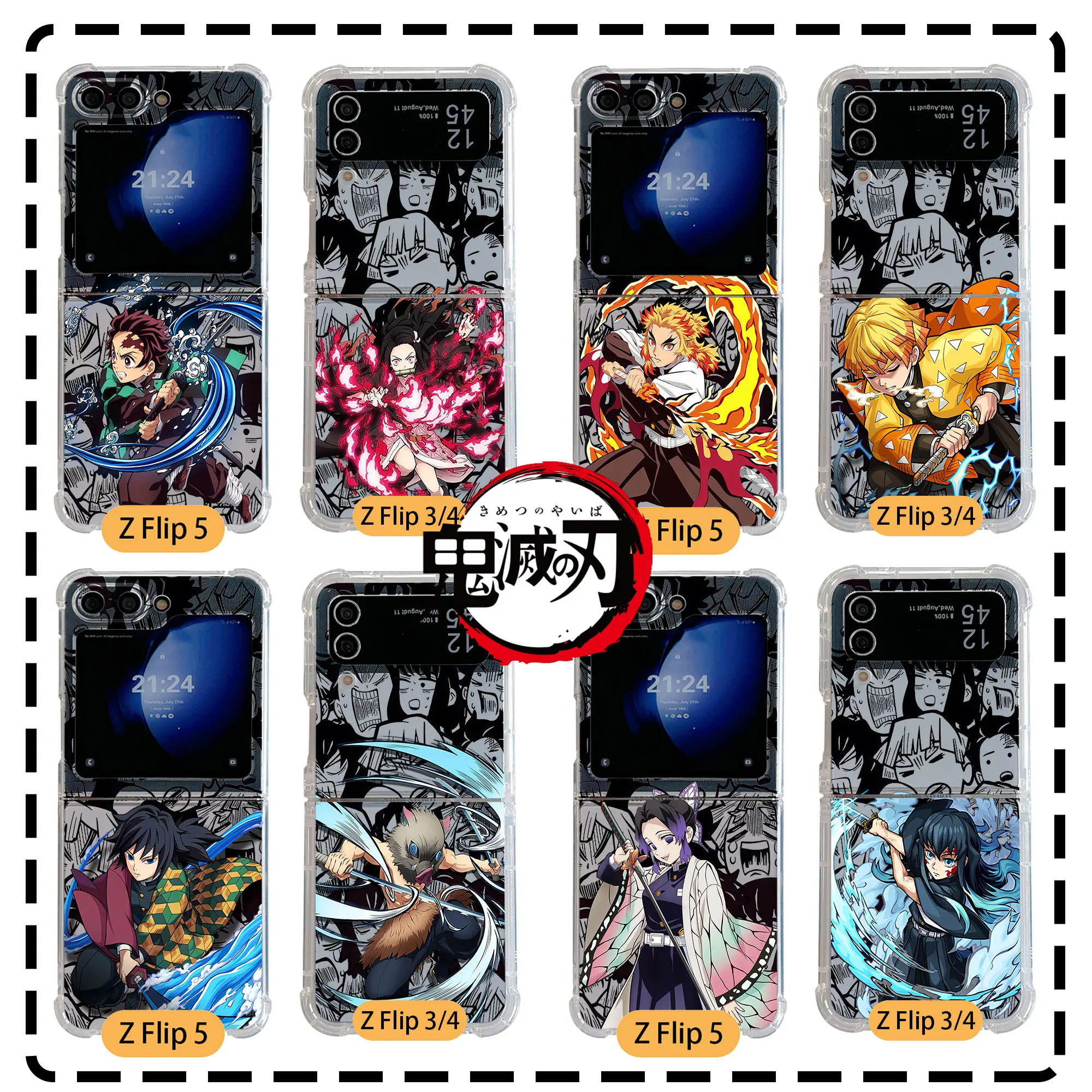 Demon Slayer Black Anime Phone Case for Samsung Galaxy Z Flip 3 4 Z Flip 5 Z Fold 4 5G PC Soft Anti-fall Back Cover