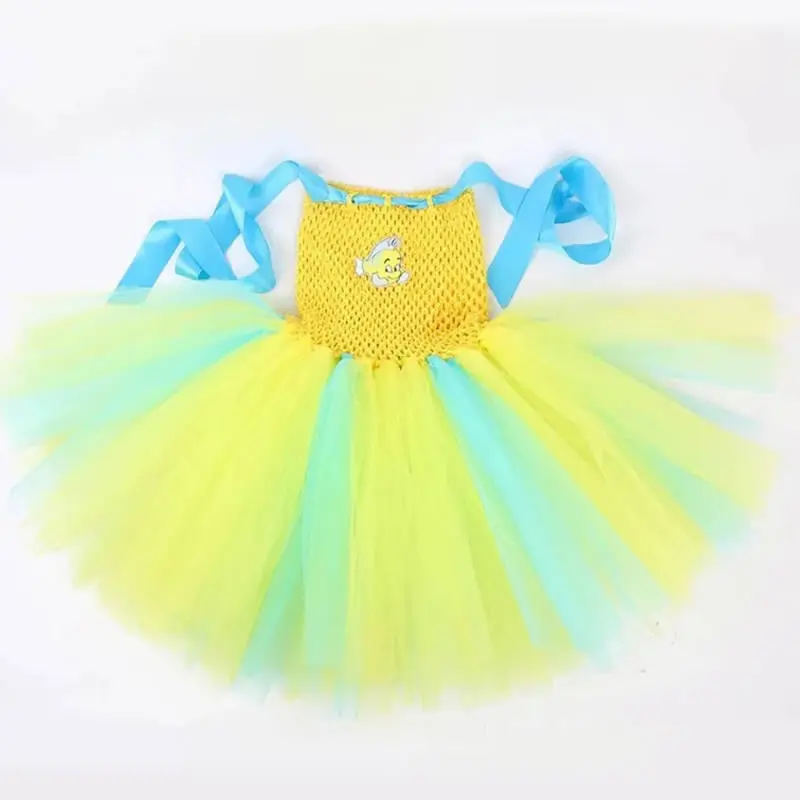 

Halloween Flounder Costume For Girl Lace TUTU Dress Christmas Kid Sling Cartoon Tunic+Headband 2pcs Set Child Frock Clothes