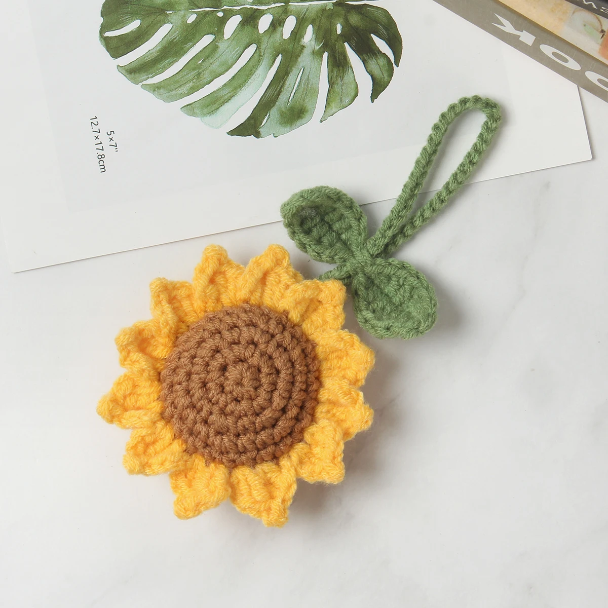 2pcs Handmade Crochet Knit Sunflower Multipurpose Pendant Bag Car Key Ring Decoration Charm  Cute Auto Interior Accessories