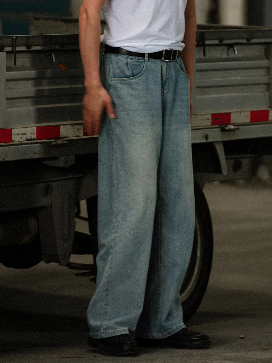 

Noears Retro Workwear Light High Waist Loose Jeans Straight Leg Floor-Length Pants Washed Japanese Style Thick Cotton Jeans