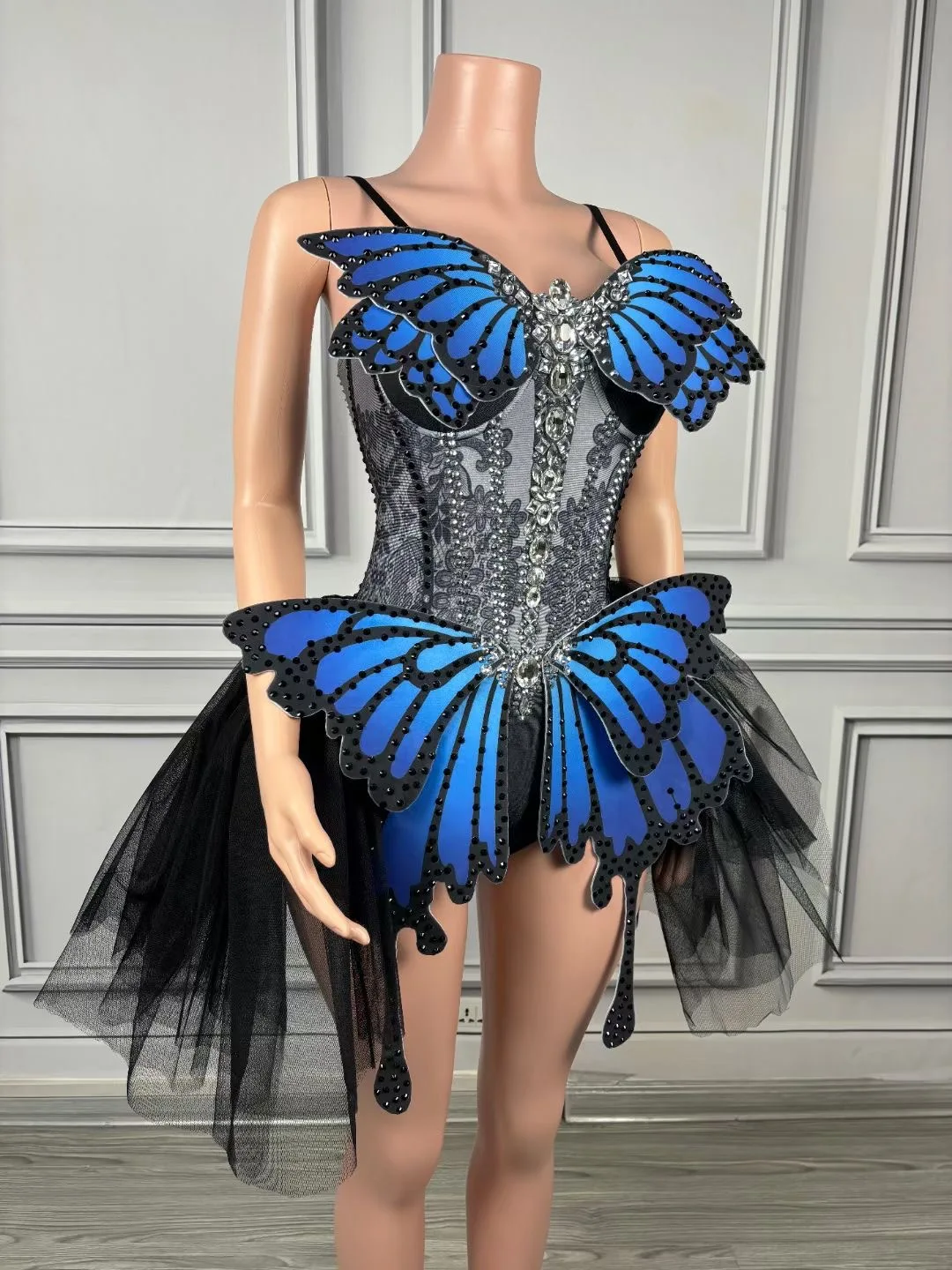 Women Sexy Butterfly Splicing A-line Mesh Ball Gown Dress Evening Party Performance Costume Nightclub Singer dancer Stage Wear