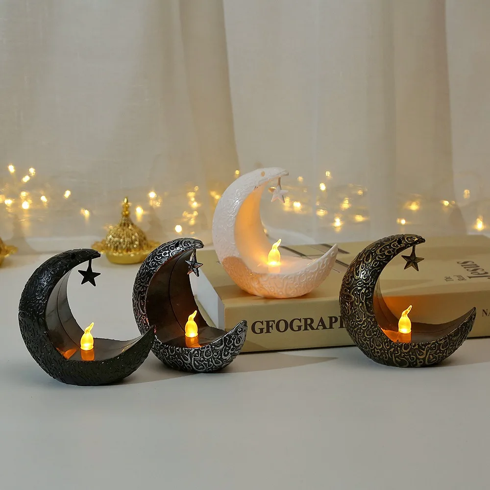 Retro led lua castiçal forma crescente sem chama ramadan lua lâmpada led eid mubarak decoração vela eletrônica luz islâmica