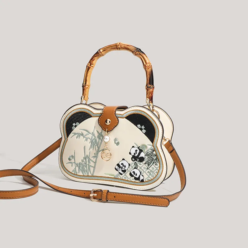 2025 العلامة التجارية الراقية تصميم النمط الصيني الباندا التطريز الرجعية الخيزران مقبض حقائب اليد الفاخرة موضة حقائب كروسبودي حقيبة الزفاف #2