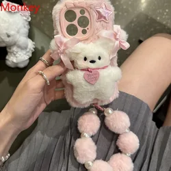 3D Cute Love Puppy Plush Phone Cases For iPhone 17 16 Pro Max Case 15 14 13 12 11 Hairball Bracelet Chain Fluffy Silicone Cover