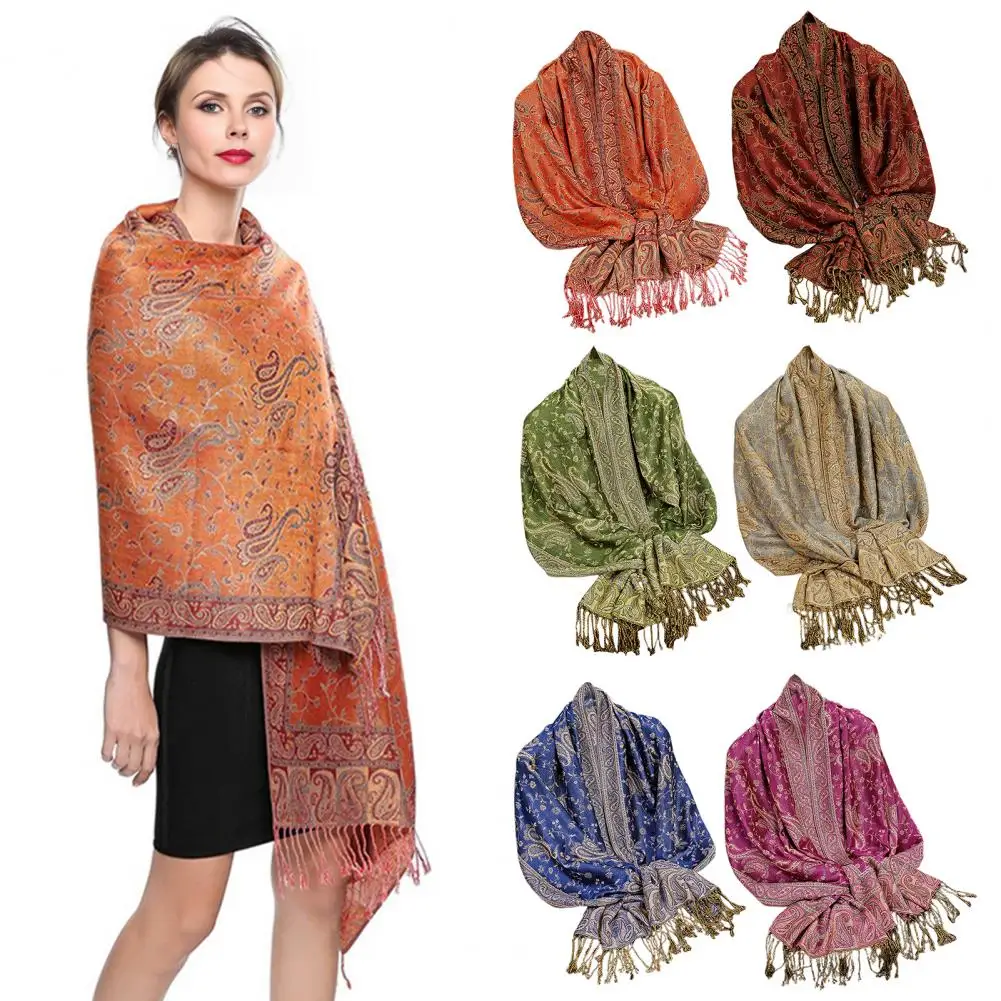 Fringe Shawl Elegant Imitation Cashmere Women's Scarf with Tassel Trim Retro Style Shawl Decorative Jacquard Pattern Matching