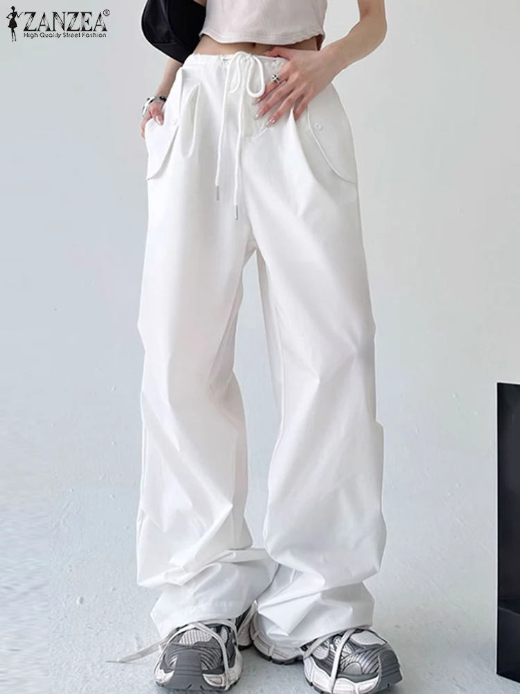 

ZANZEA Women Draped Pantalon Streetwear Loose Casual 2025 Trendy Stylish Wide Leg Pants Drawstring Waist Solid Color Trousers