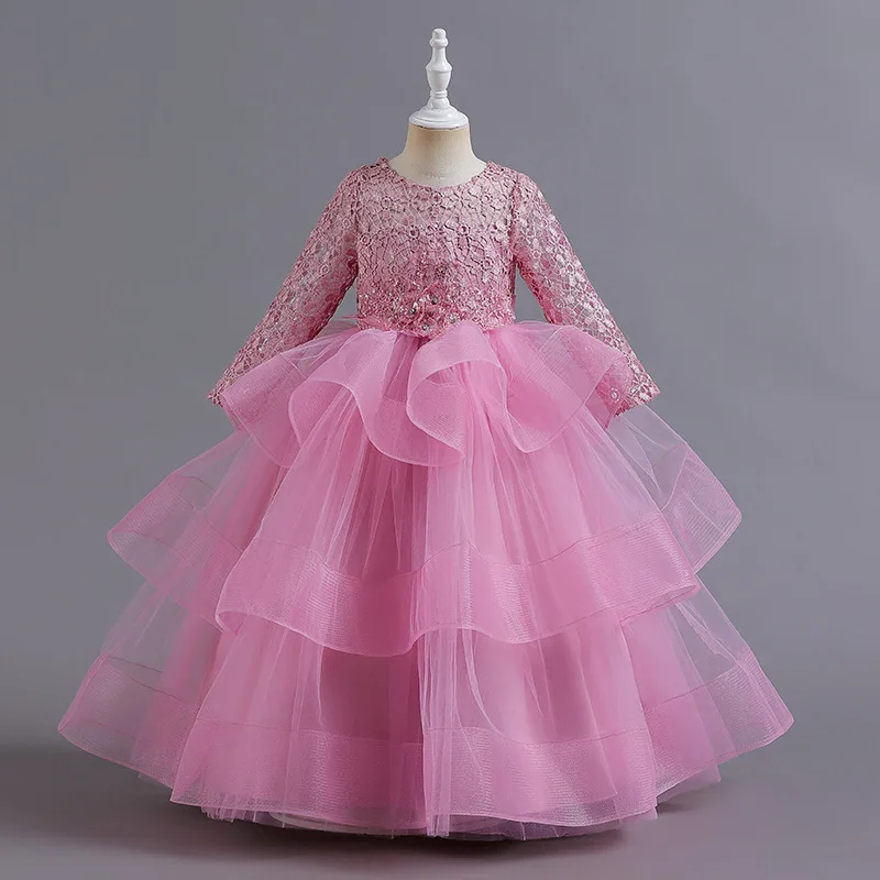 New Fashion Children Dress Girls Long Sleeve Sequin Children\'s Gauze Puffy Princess Piano Host Birthday Performance Dress