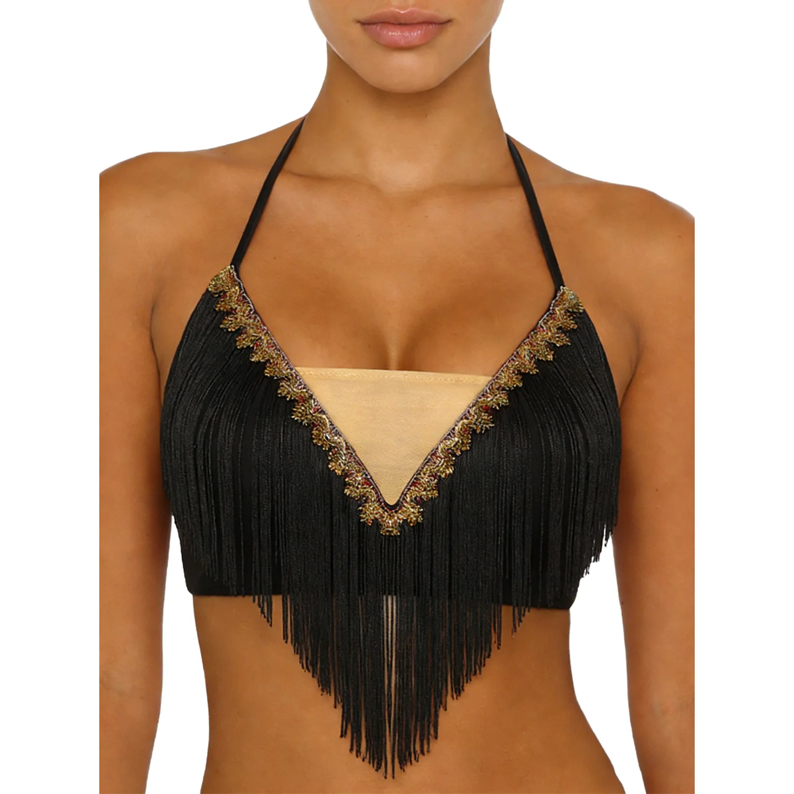 Top Corto da Donna per Danza del Ventre Indiana e Latina, con Lacci, Halter, Frange e Nappe, Canotta da Ballo per Abbigliamento da Palcoscenico