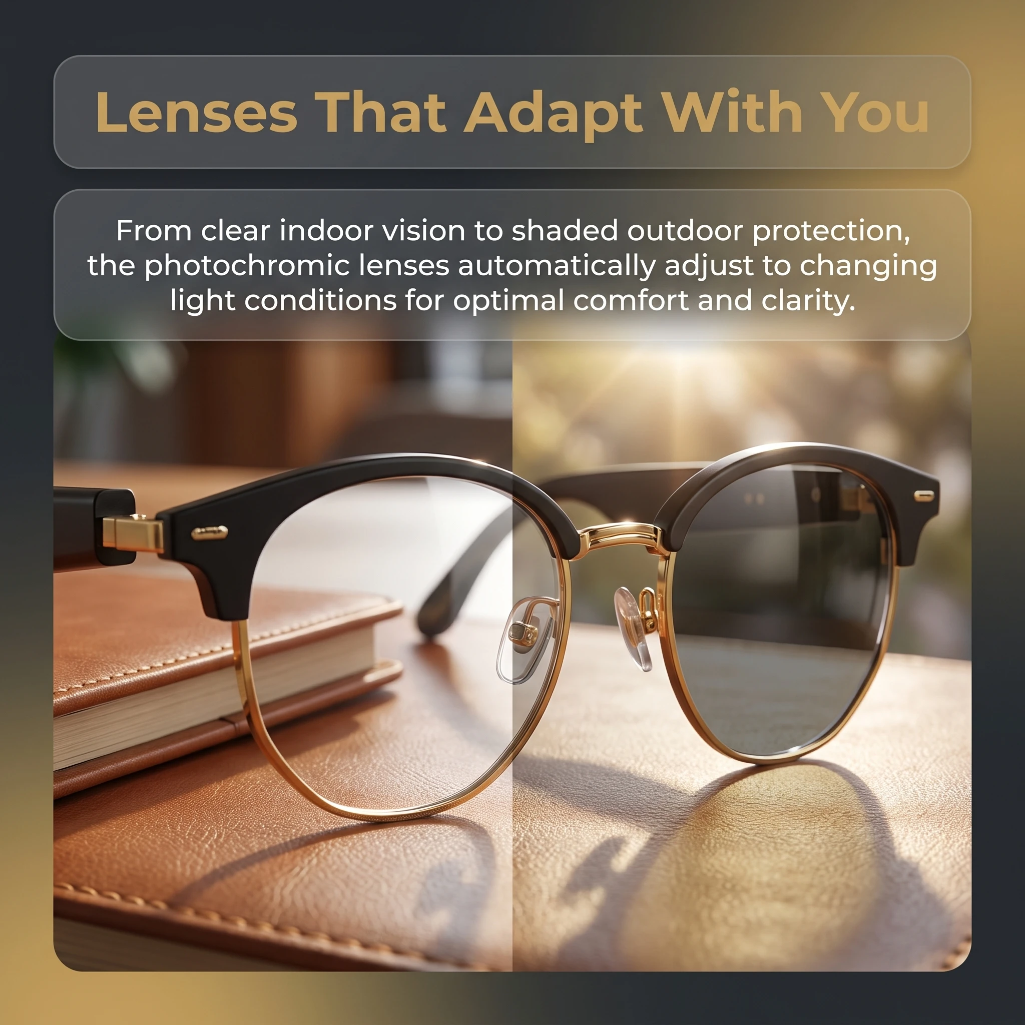 Photochromic Smart Sunglasses Audio - 男女兼用フォトクロミックAIスマートオーディオグラス。高音質で、HD画質のハンズフリー通話機能を搭載。スポーツ、アウトドア、オフィスなど、あらゆるシーンで活躍します。