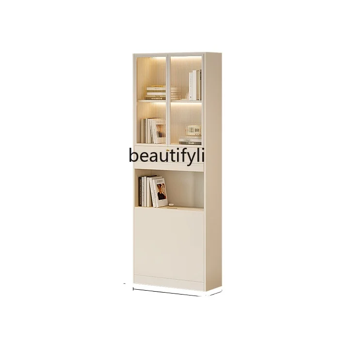 Simple Solid Wood Combined Bookcase Wall-Mounted Storage Cabinet with Glass Door