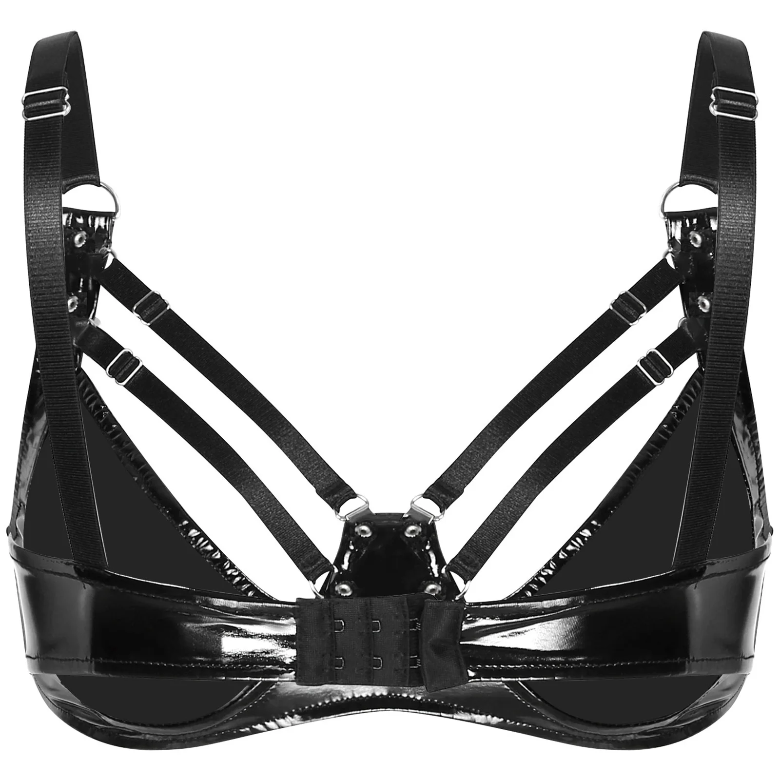 Women\'s Wet Look Patent Leather Wire-Free No Padded Bra Tops Unlined Bralette Cutout Strappy Balconette Bustier Corset Clubwear