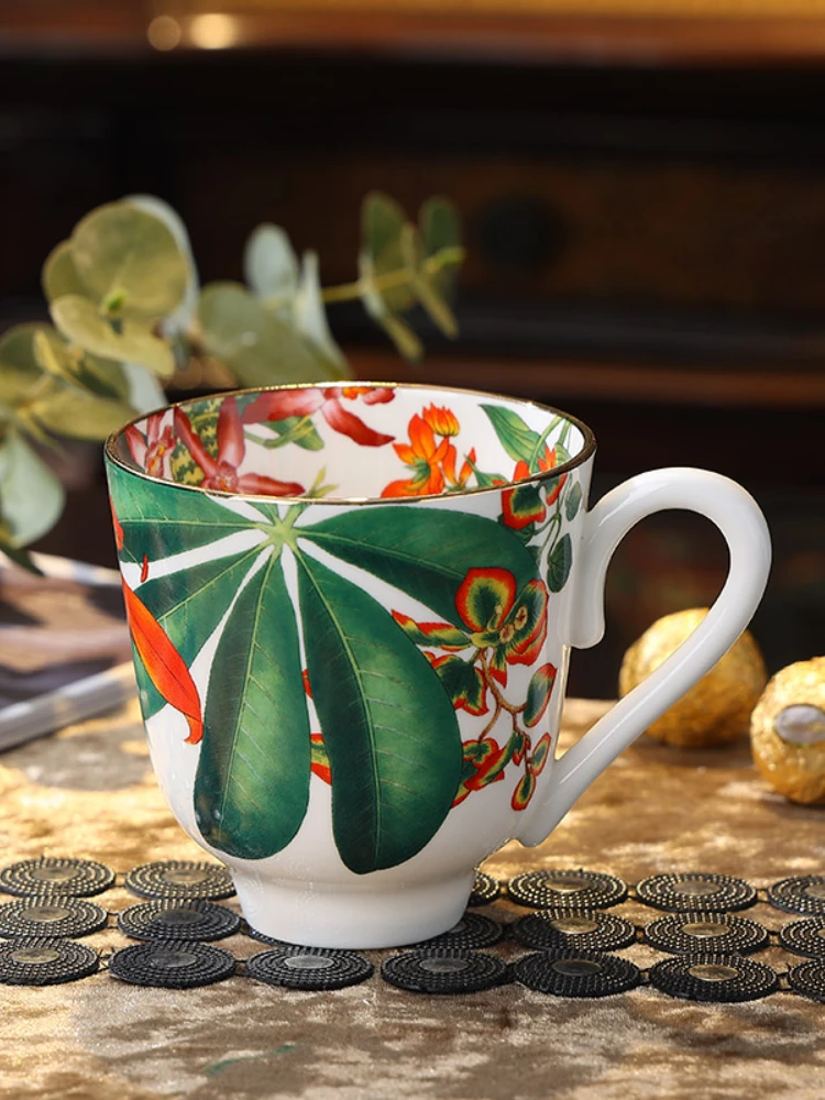 Imagem -03 - Estilo Nórdico Luxo Floresta Tropical Bone China Coffee Mug Boa Qualidade Porcelana Cup e Pires com Gold Rim Table Drinkwar