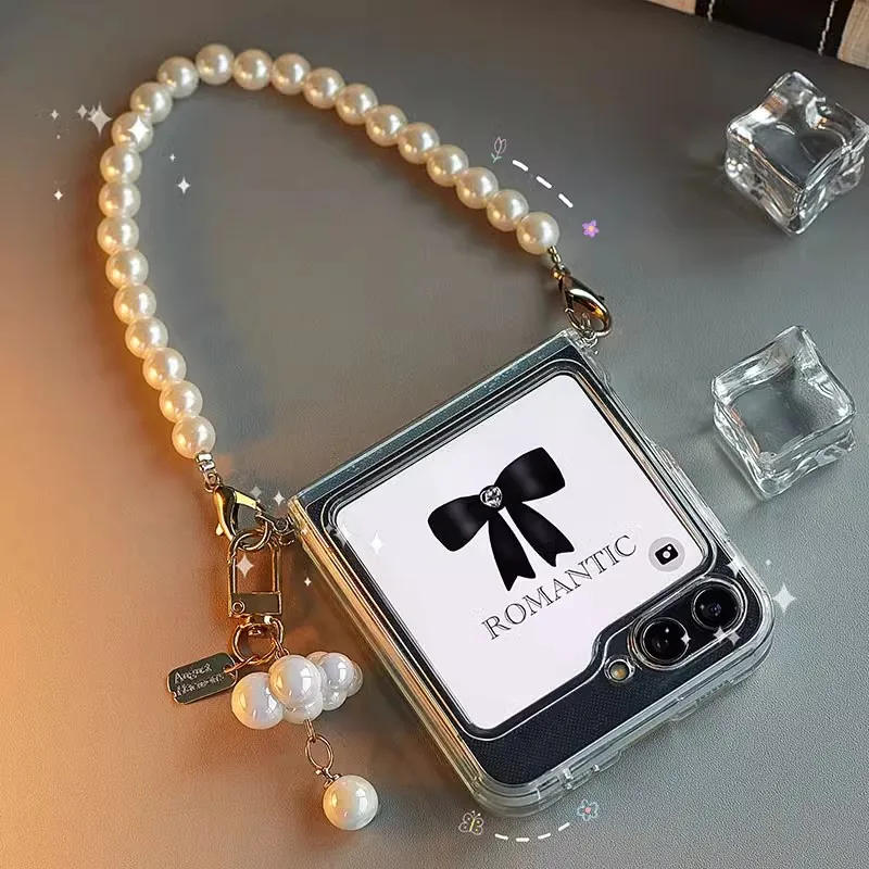 Pearl Chain Transparent Soft Case For Samsung Galaxy Z Flip 5 6 7 For Motorola Razr 40 50 60 Ultra Xiaomi Mix Flip 2 Cover