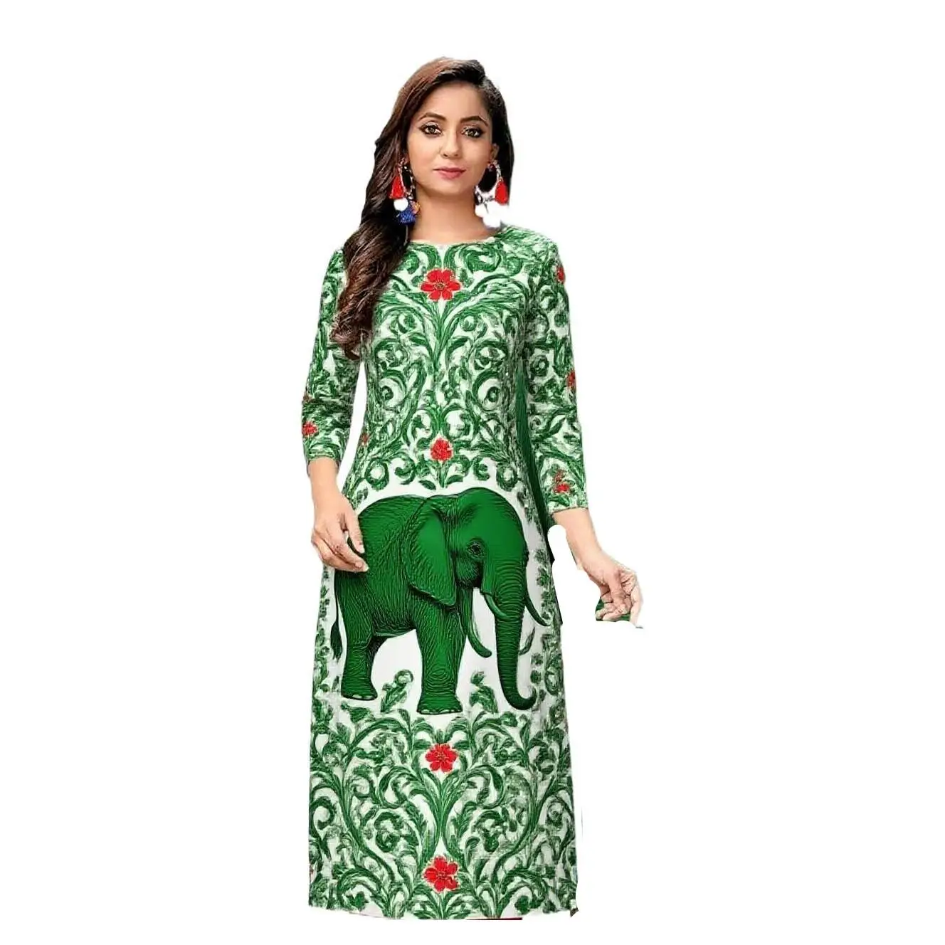 KURT abito moda casual da donna a maniche lunghe tubo dritto casual fiore etnico girocollo senso del design di dimensioni regolari