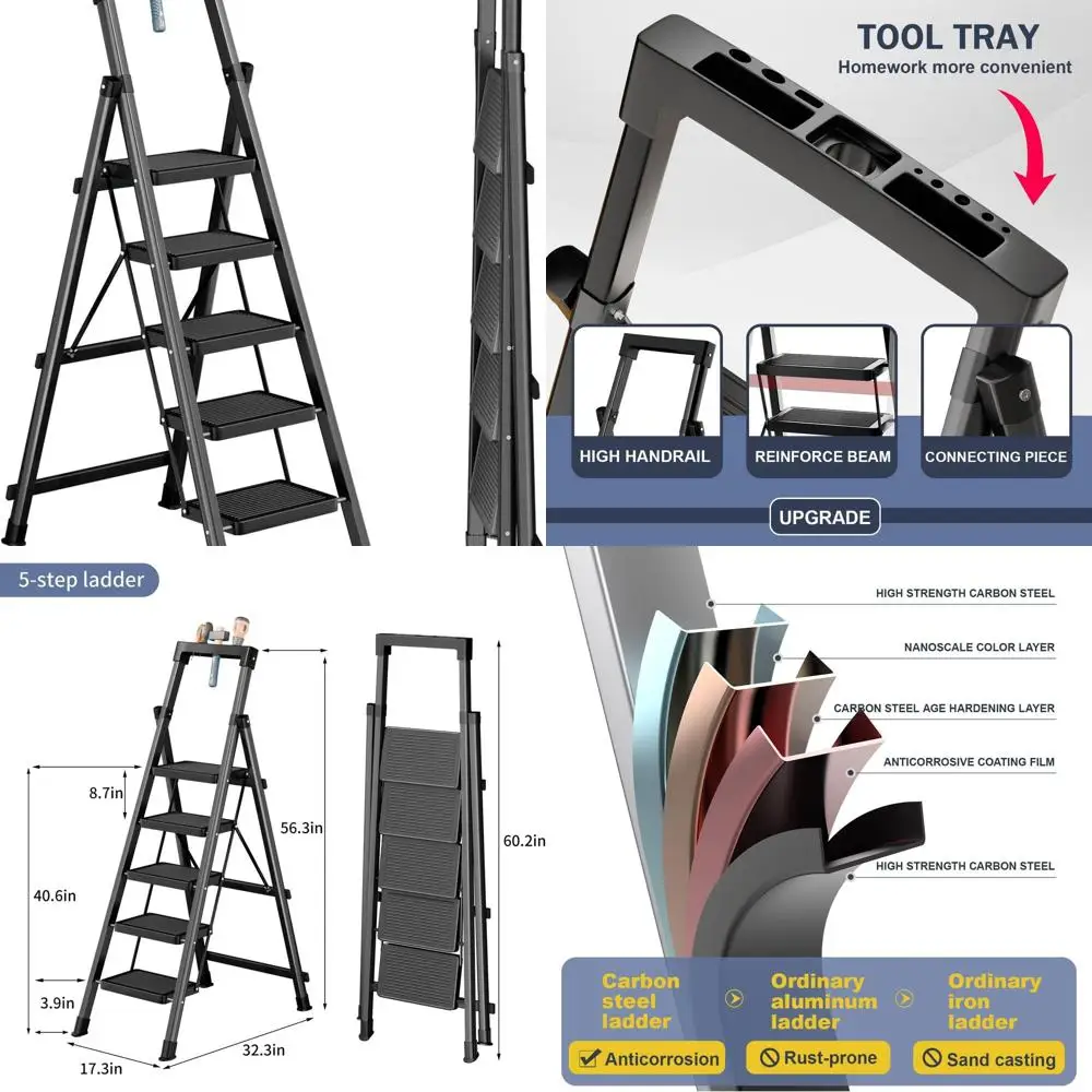 سلم محمول قابل للطي مع صينية أدوات، سعة 330 رطل، دواسات مضادة للانزلاق، درابزين، قفل آمن من الفولاذ الكربوني للأماكن الخارجية والمرآب