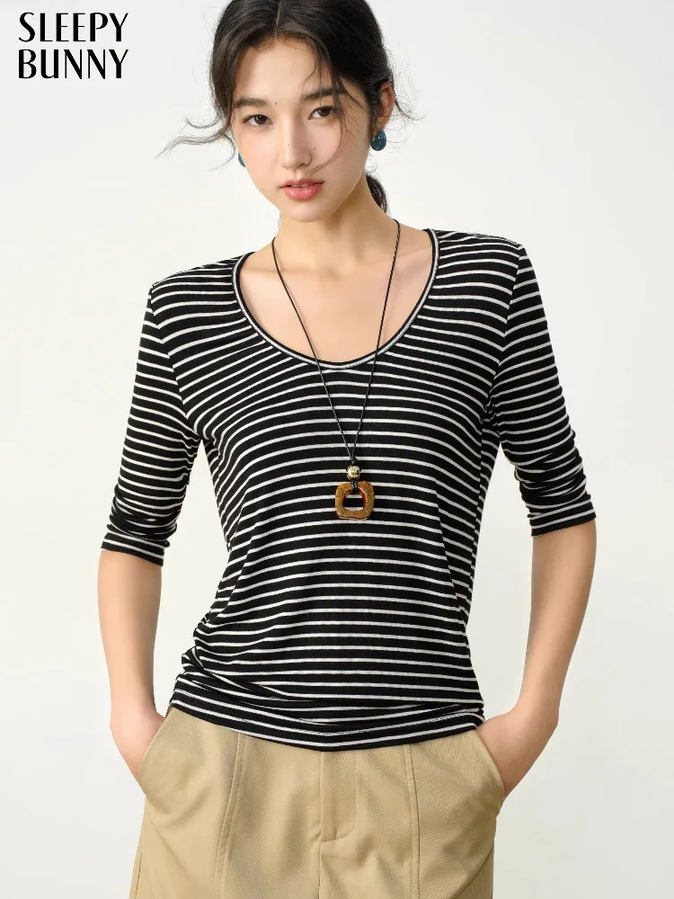

Classic Striped T Shirt Slim Half Sleeve Top Stretchy Basic Layered Blouse Women Summer Casual Black White Tee Daily Wear Outfit