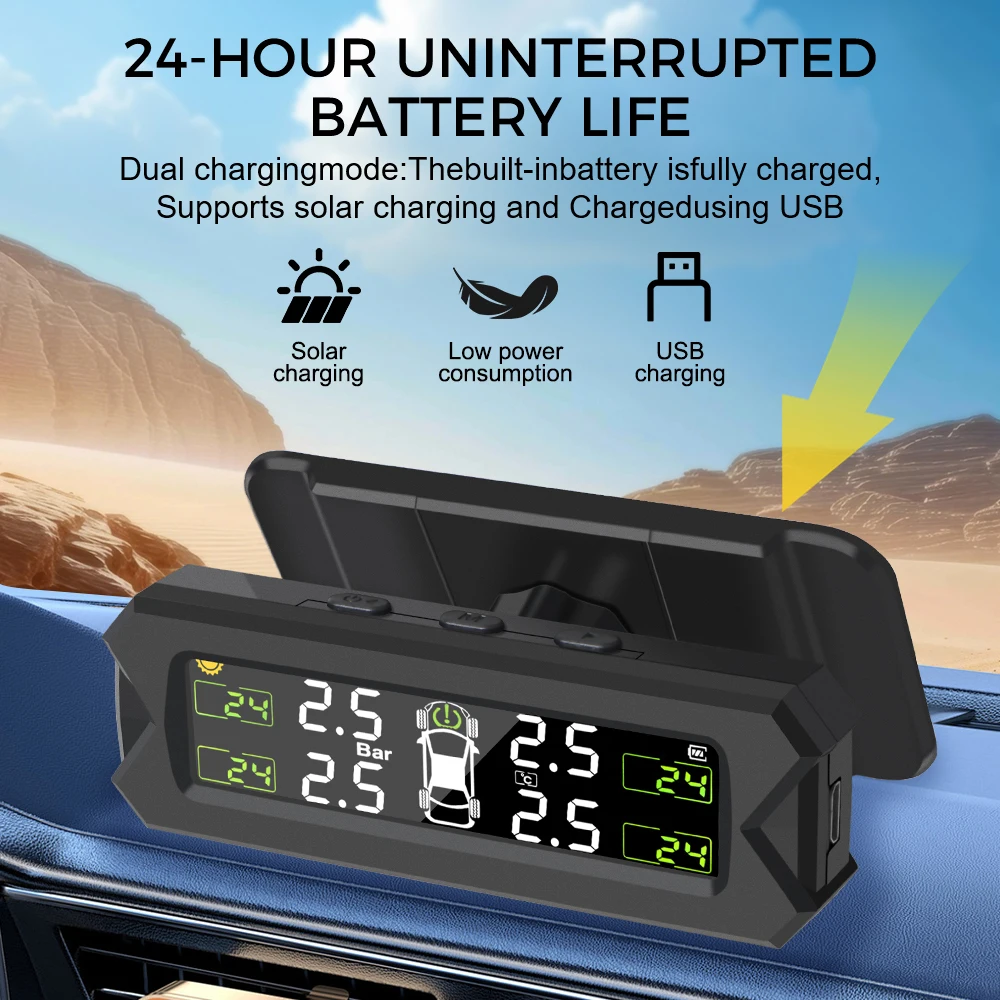 Sistema di monitoraggio della pressione dei pneumatici Avviso di temperatura Allarme di sicurezza automatico TPMS per auto Risparmia energia solare Sensore di pressione dei pneumatici del carburante