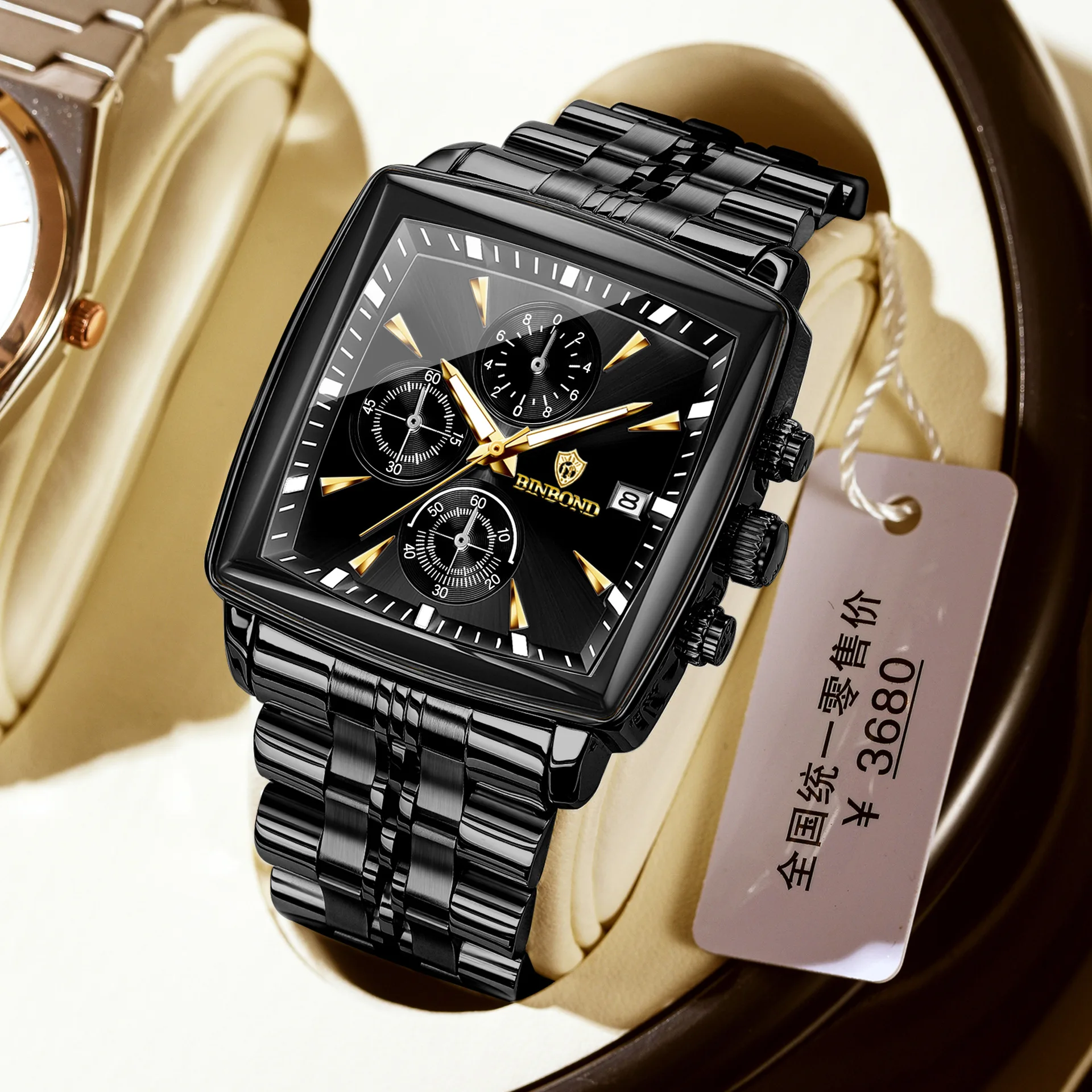 メンズ腕時計ライト高級ブランドハイエンドビジネス多機能三目 6 ピン鋼防水男性ファッションクォーツ時計